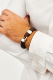 Silver hook and plaited leather mens bracelet