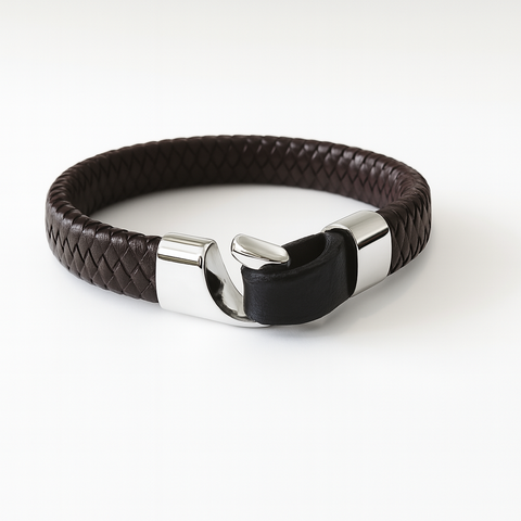 Silver hook and plaited leather mens bracelet
