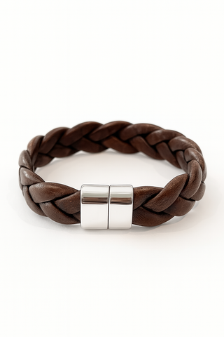Silver and Plaited leather mens bracelet