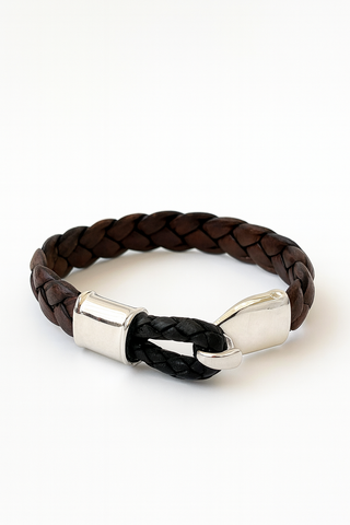 Silver hook and leather hoop bracelet